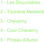 1 - Les Doucinières
2 - Touraine Mesland
3 - Cheverny
4 - Cour-Cheverny
5 - Pineau d’Aunis
